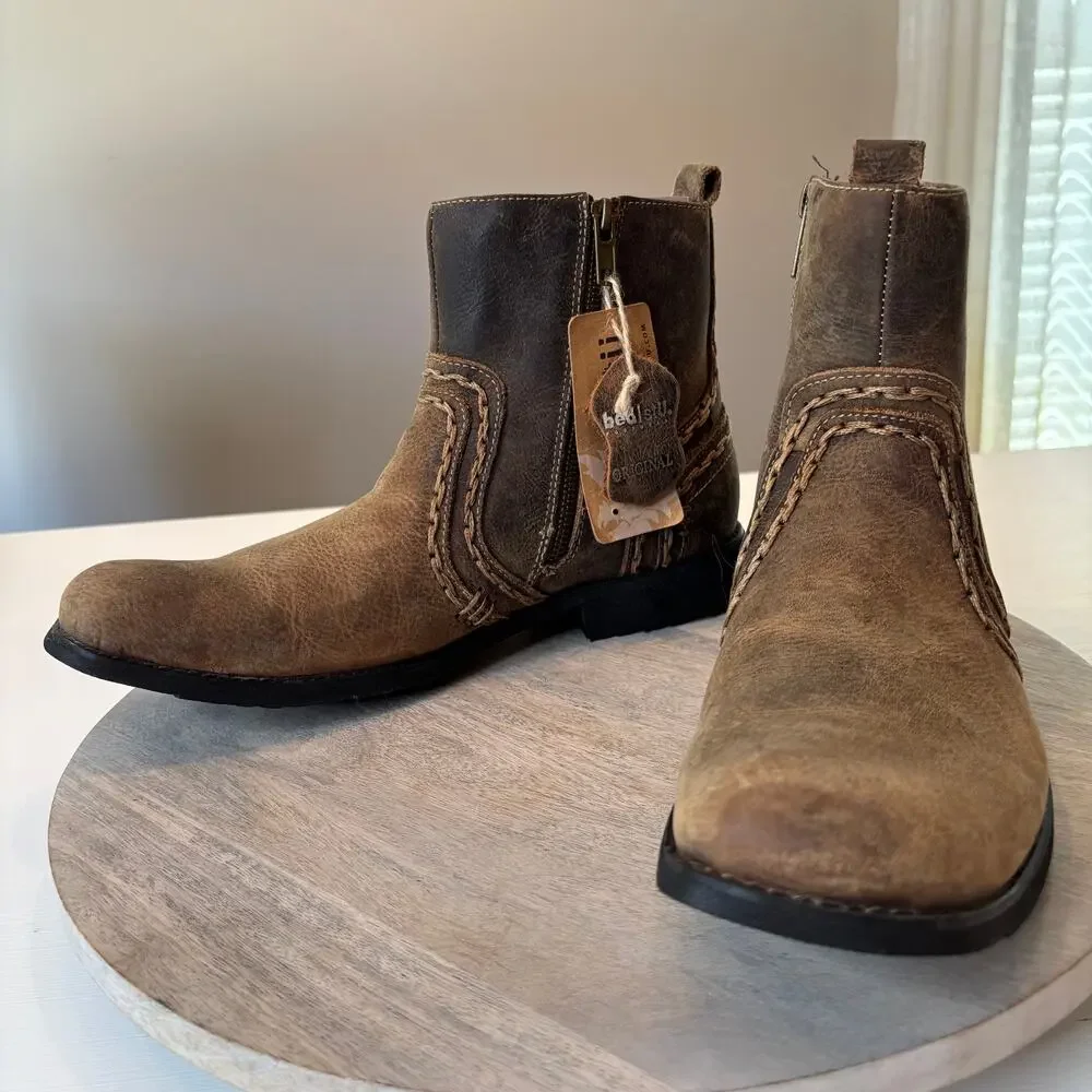 Bed Stu Revolution Boots Men's Sz 10 Tan Brown Distressed Leather Side Zip NIB